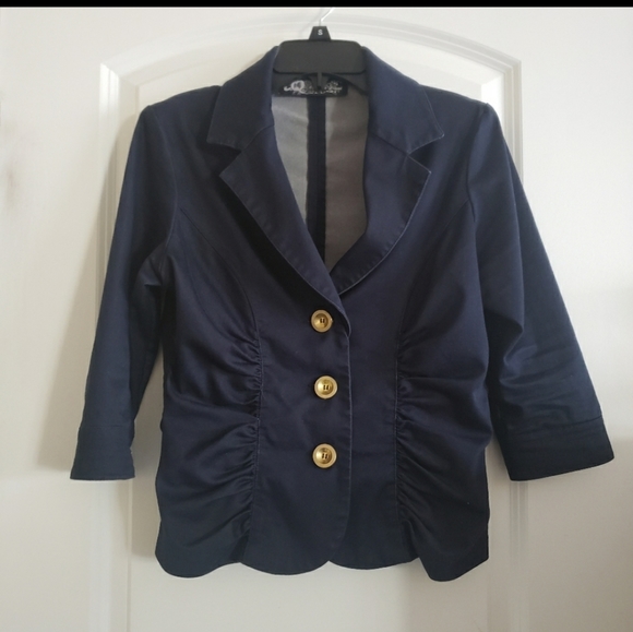 Navy Blue and Gold I.Q. Authentic Brand Button Blazer size Small - Picture 2 of 16